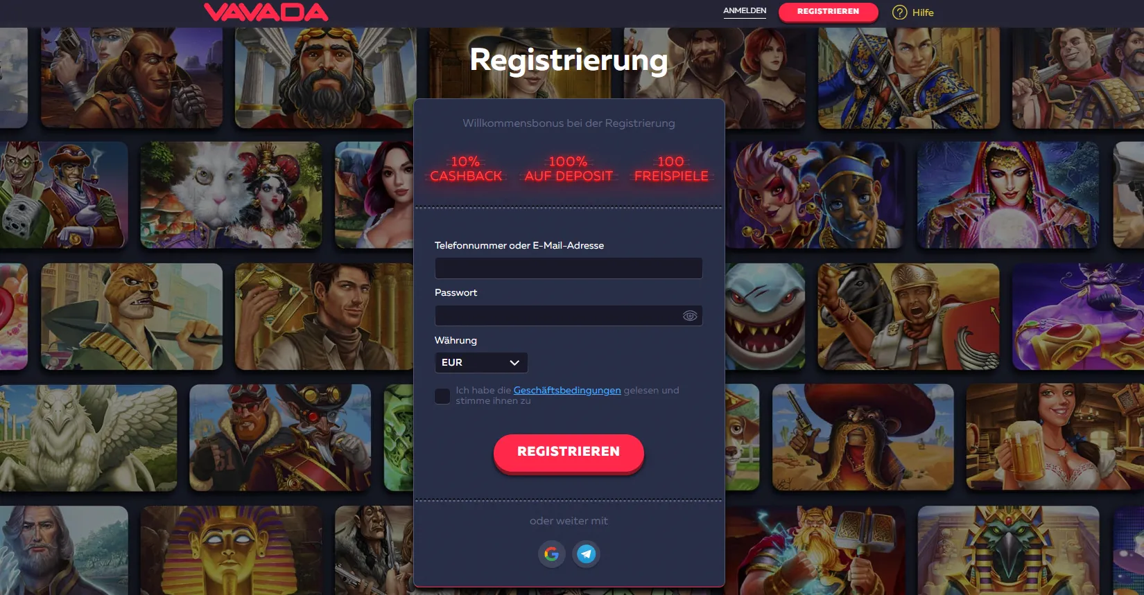 Registrierung und Anmeldung im Vavada Casino